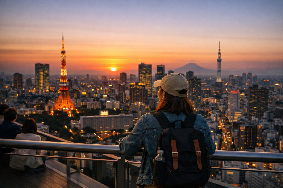 Woman standing at a Tokyo observation deck during sunset, overlooking Tokyo Tower, Skytree, and Mount Fuji in the distance.