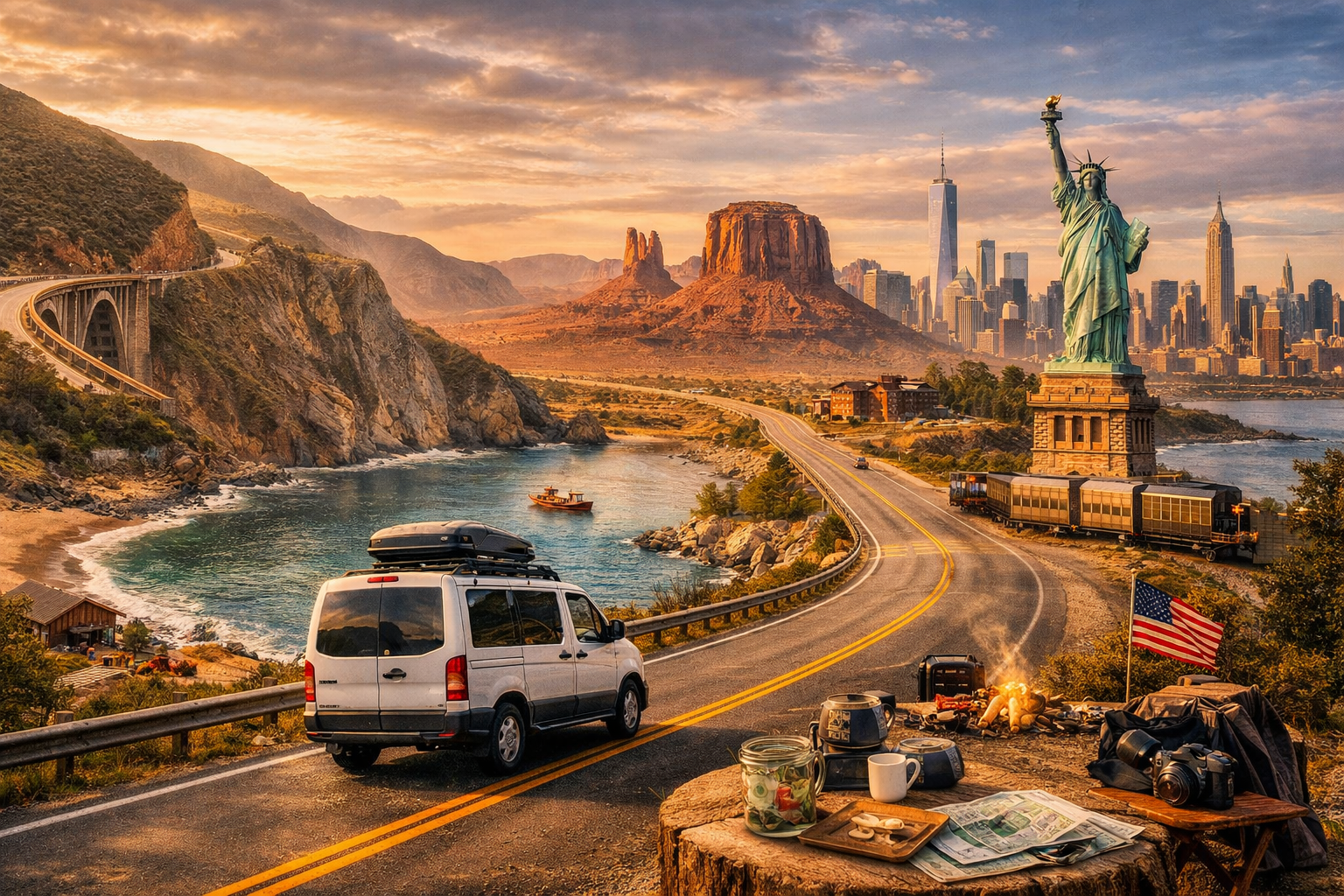 Camper van driving along U.S. coastal highway with ocean cliffs, desert rocks, and city skyline. travel USA on a budget.