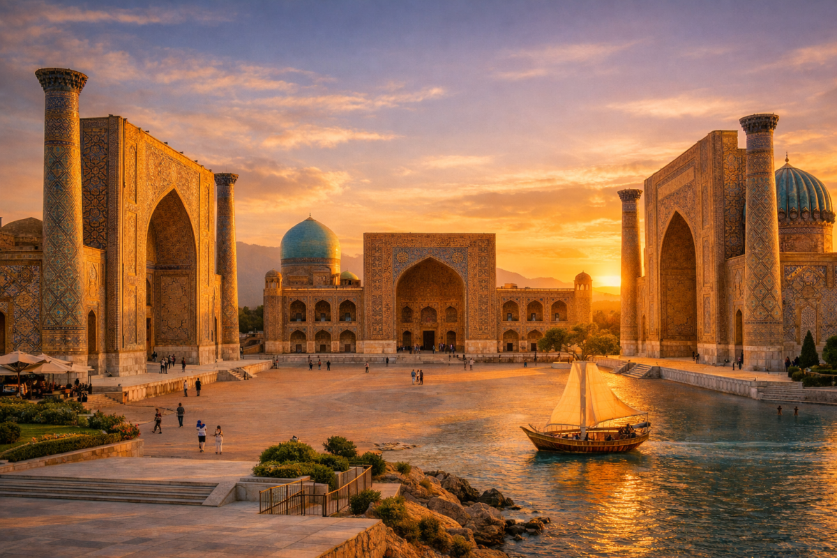 Registan Square in Samarkand glowing under golden sunset with turquoise domes and intricate mosaics.
