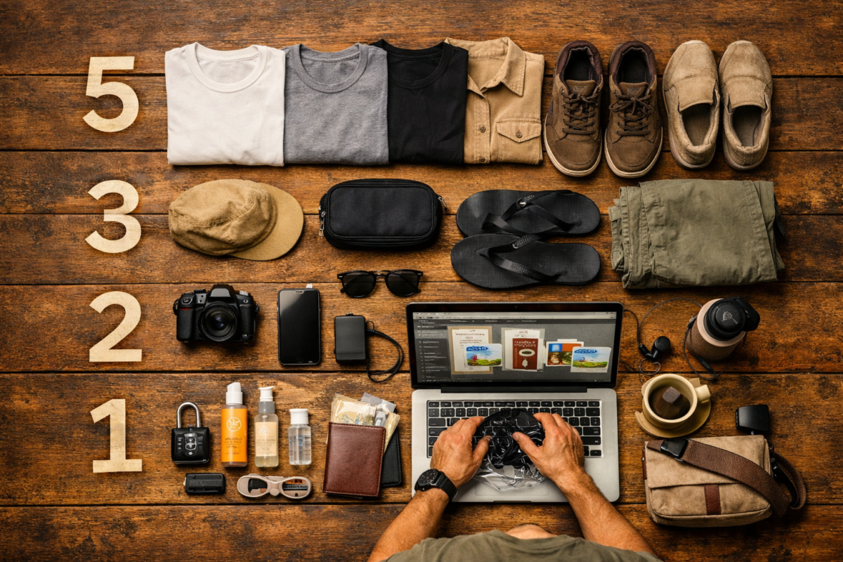 A flat‑lay of travel essentials arranged in five neat sections on a rustic wooden surface, showing clothing, shoes, accessories, tech, and toiletries. carry on only packing list