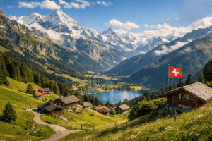 A panoramic view of the Swiss Alps with chalets, meadows, and a turquoise lake under afternoon sunlight. Switzerland Travel Guide on a Budget