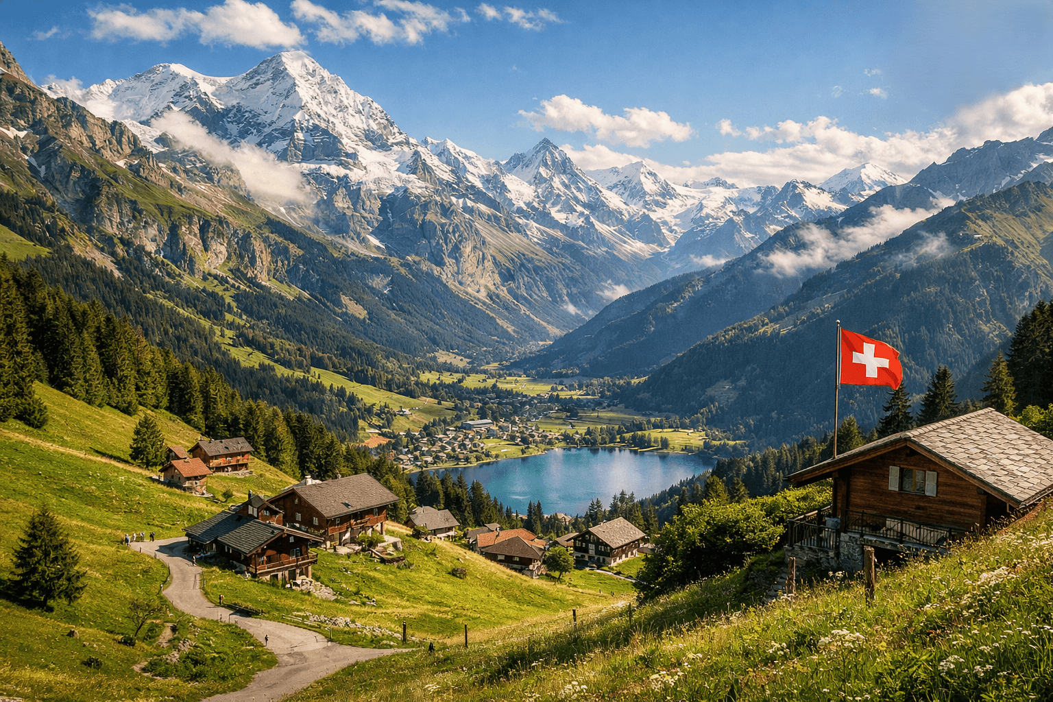 A panoramic view of the Swiss Alps with chalets, meadows, and a turquoise lake under afternoon sunlight. Switzerland Travel Guide on a Budget