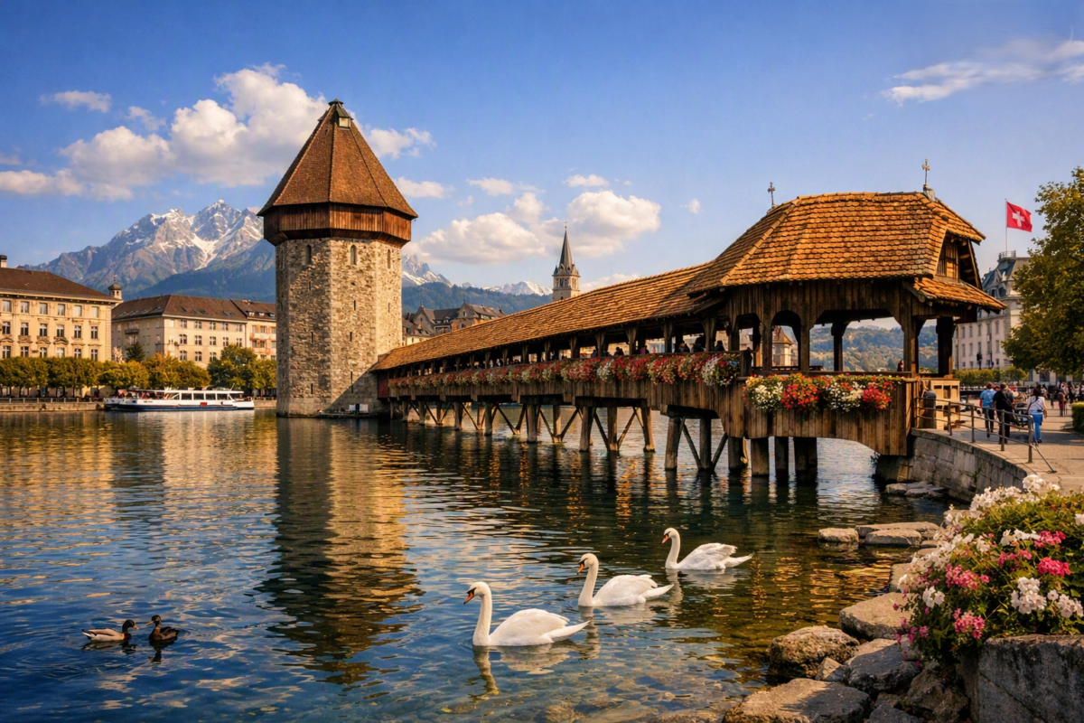 The historic Chapel Bridge stretches across the Reuss River with swans gliding under soft afternoon light.