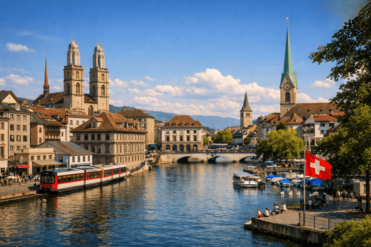 A panoramic view of Zurich’s old town with churches and boats along the Limmat River under afternoon sunlight.