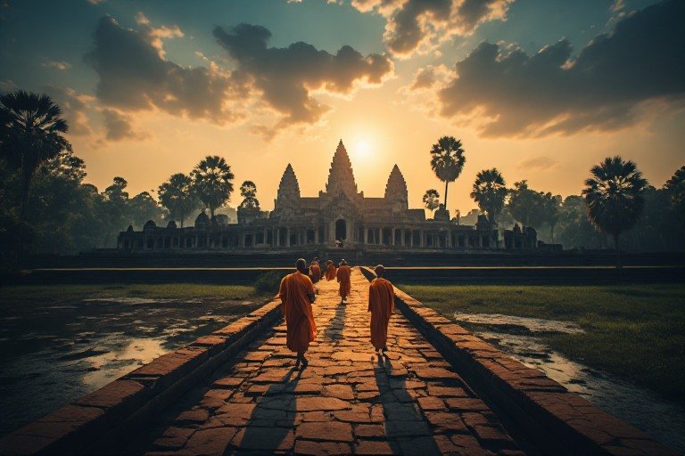 Traveler witnessing sunrise over Angkor Wat with monks walking nearby