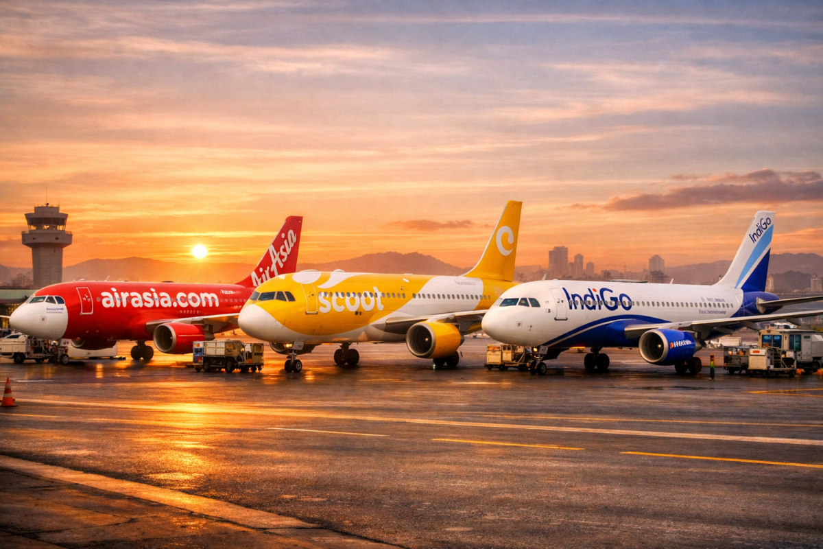 AirAsia, Scoot, and IndiGo planes parked at sunrise on an Asian runway with mountains in the background. cheapest airlines North America, budget airlines Asia