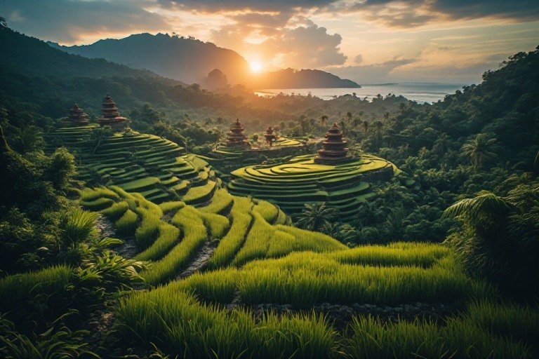 Traveler experiencing Ubud’s rice terraces and Canggu’s surf beaches at sunrise and sunset