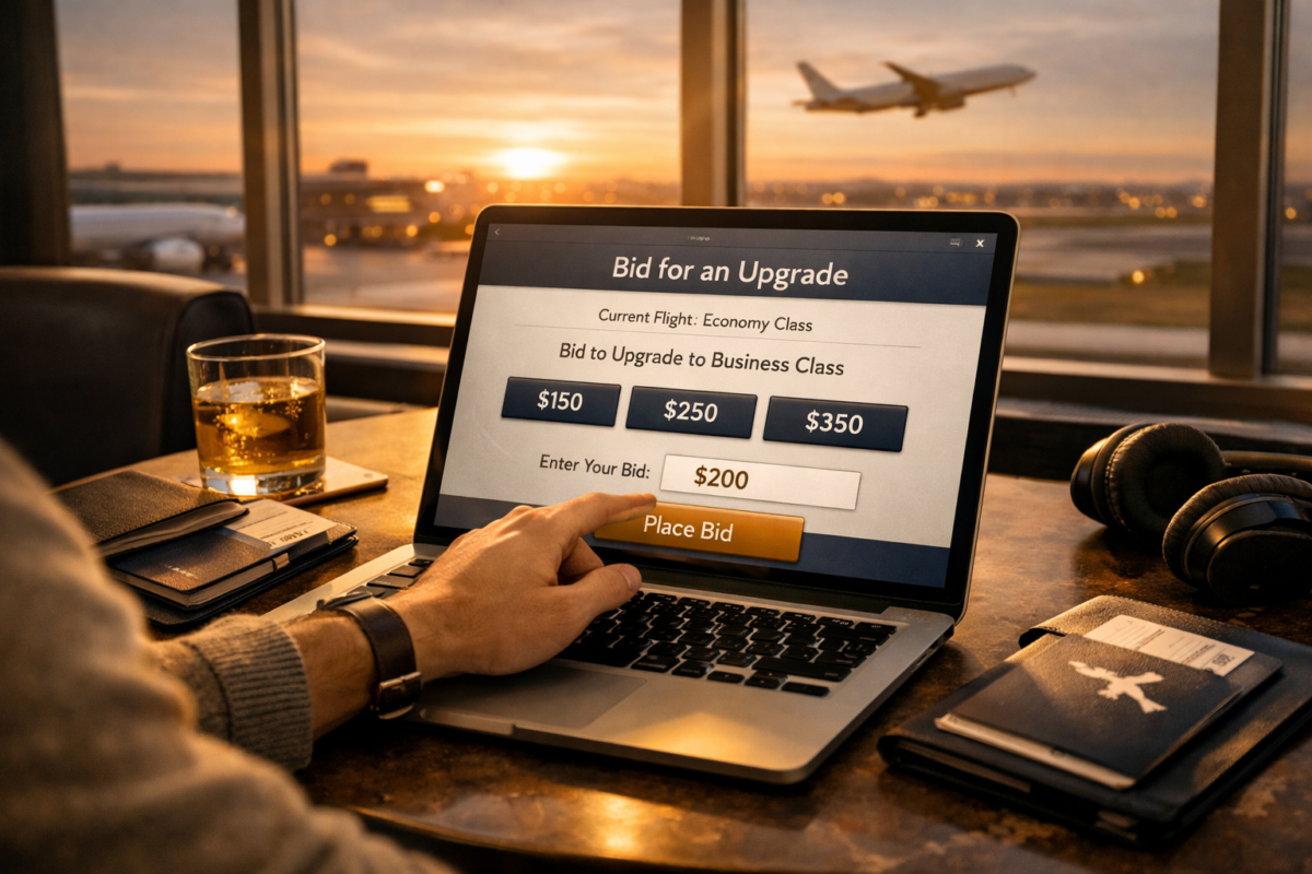 Traveler pressing “Place Bid” on laptop in airport lounge. 