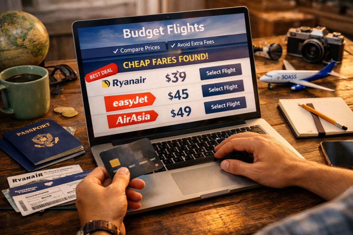 Traveler booking a budget flight online with laptop, passports, and travel items on a wooden table.