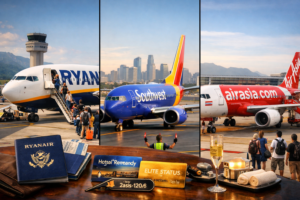 Ryanair, Southwest, and AirAsia aircraft at airports across Europe, North America, and Asia. Best Budget Airlines