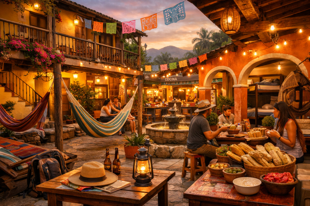 Colorful courtyard of a Mexican guesthouse with hammocks, potted plants, and warm lantern light.