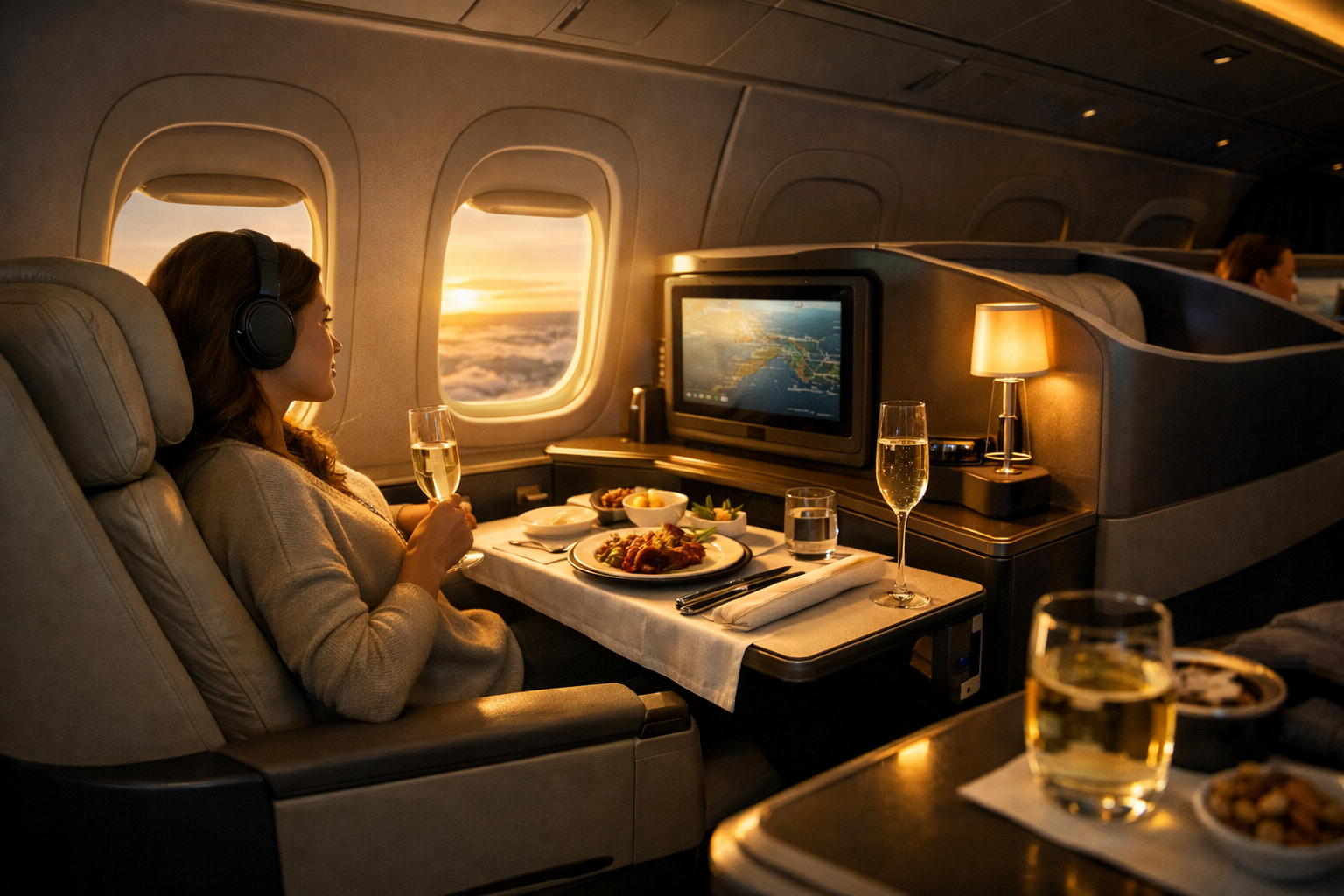 Woman enjoying champagne in airplane business class seat