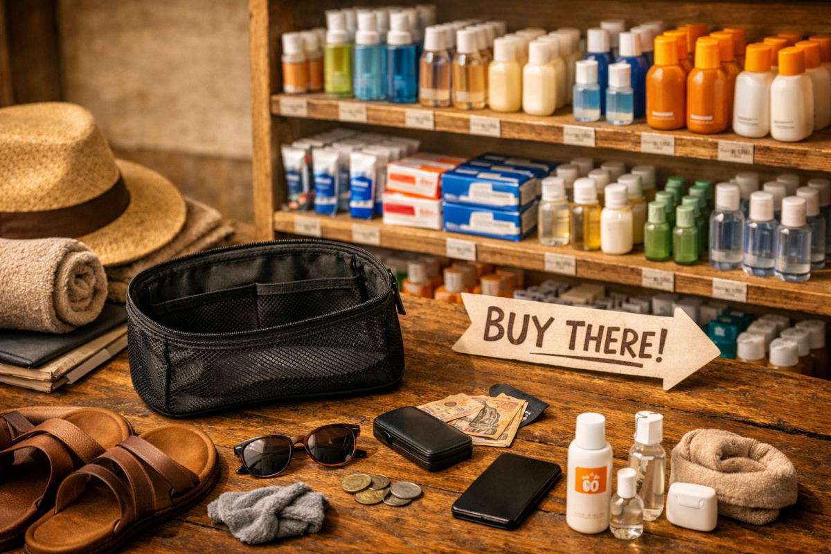 An empty travel toiletry bag on a wooden counter with a “BUY THERE!” sign pointing toward store shelves filled with travel‑sized shampoo, sunscreen, and toothpaste.