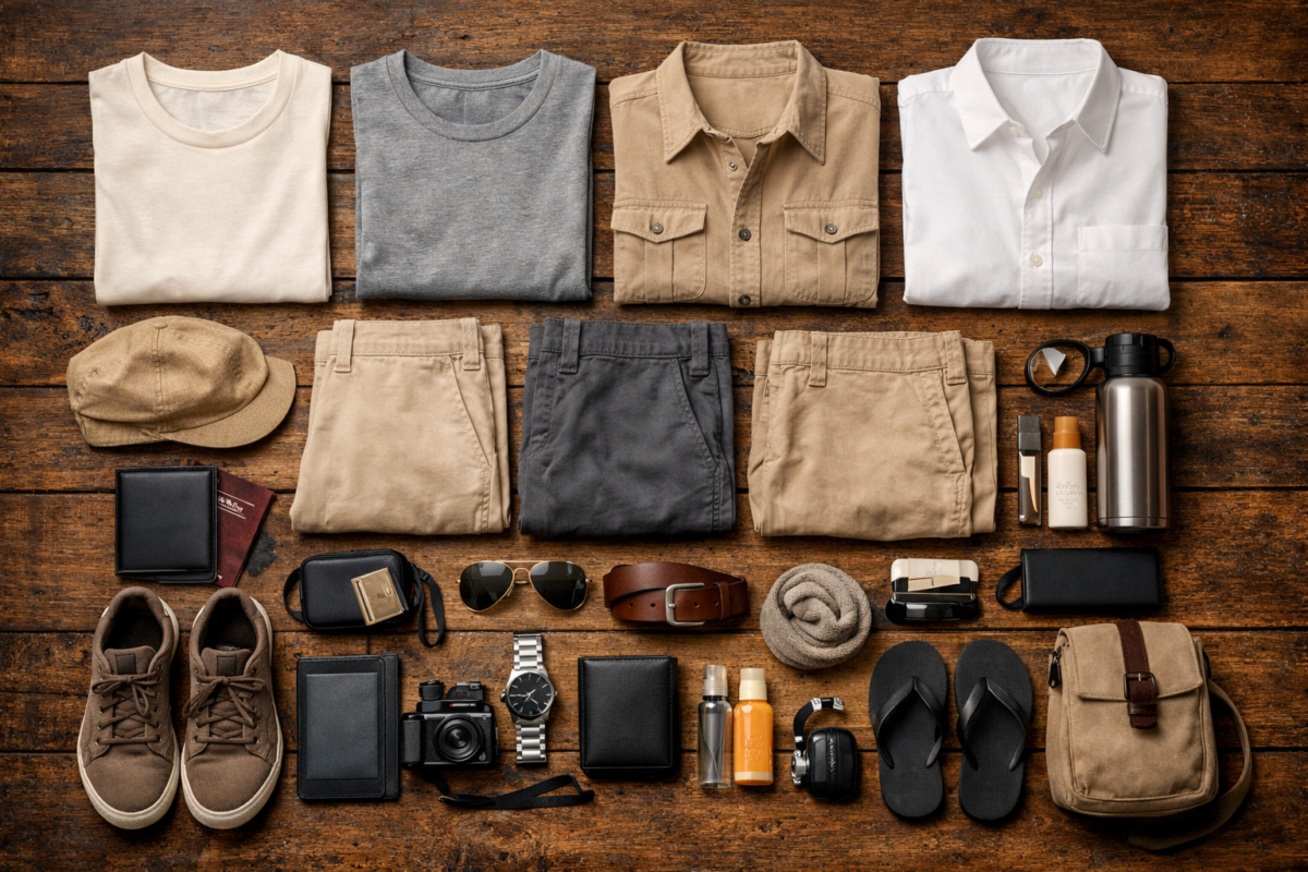 A neatly arranged selection of neutral clothing—shirts, trousers, and accessories in beige, white, and gray tones on a wooden surface. packing list for travel