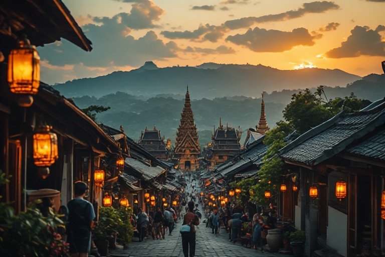 Traveler exploring Chiang Mai’s temples and old city streets at sunset. 3 weeks Southeast Asia budget