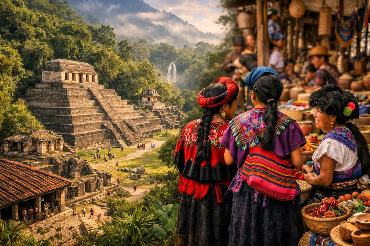 Ancient Mayan ruins of Palenque surrounded by jungle with indigenous women in colorful traditional attire.