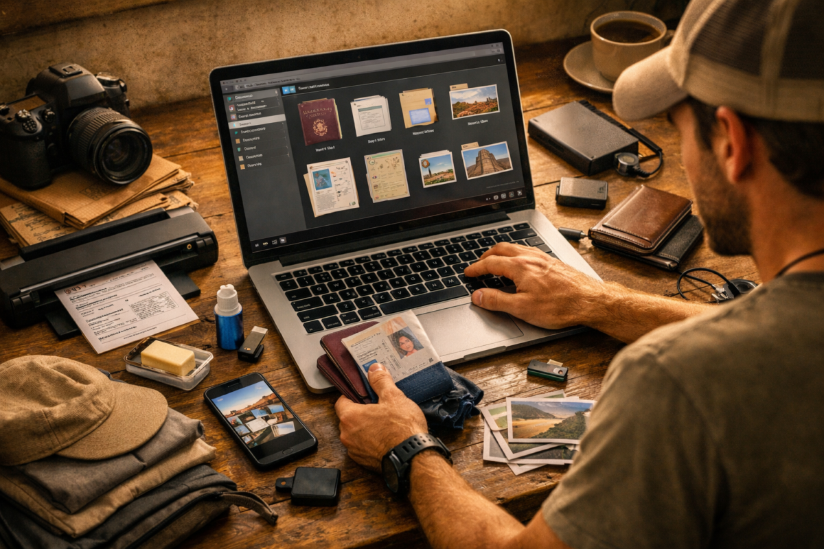 A traveler working at a wooden table, organizing digital files on a laptop surrounded by a camera, phone, and travel documents. travel packing tips