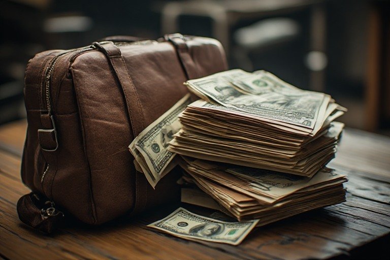 A flat‑lay of physical travel documents and money—passport, ID card, printed tickets, and cash neatly arranged on a rustic wooden surface.