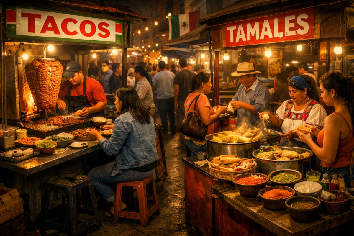 Mexican street food stalls serving tacos and tamales under warm evening lights.