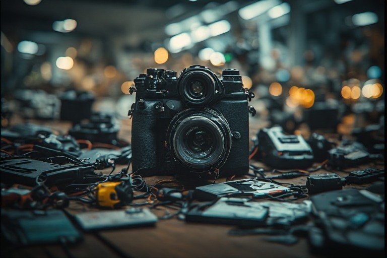 A flat‑lay of compact travel electronics—smartphone, power bank, universal adapter, earbuds, and a small camera neatly arranged on a rustic wooden surface.