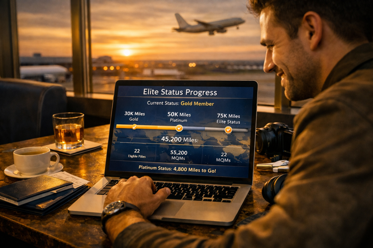 Traveler tracking airline loyalty milestones on laptop in airport lounge