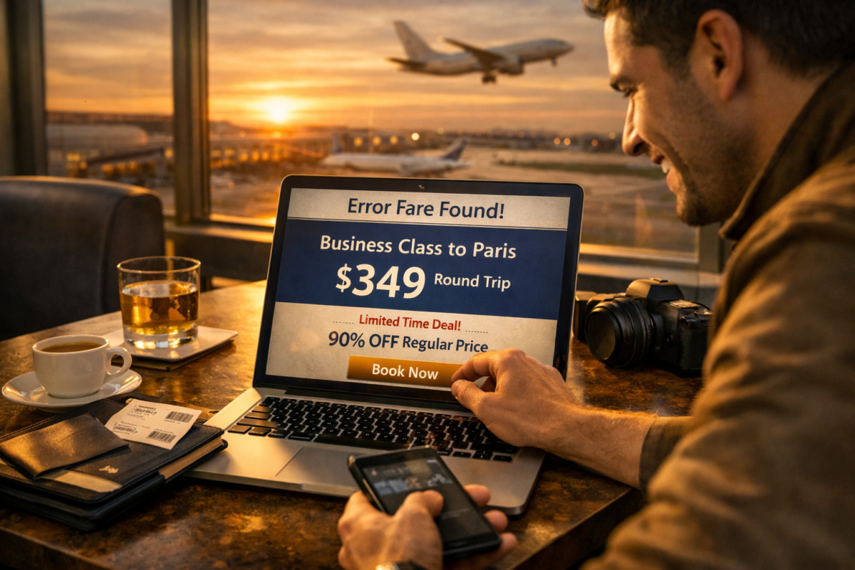 Traveler excitedly viewing a business‑class error fare deal on laptop