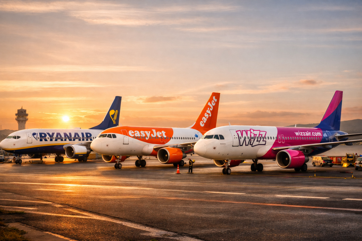Ryanair, easyJet, and Wizz Air planes parked at sunrise on a European runway. best Budget airlines