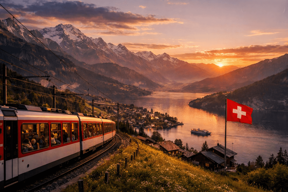 A red Swiss train glides along Lake Lucerne at sunset with mountains glowing in golden light. Switzerland Itinerary Travel Guide
