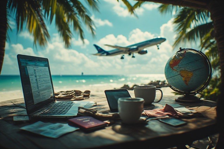 Traveler comparing flight deals and reward points with phone and laptop in a tropical setting. perpetual travel guide