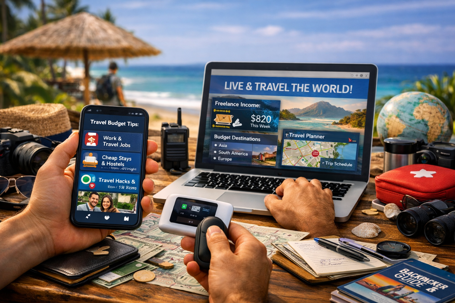 Travel Full-Time Without Being Rich. Traveler working remotely from a tropical beach while planning affordable long‑term travel.