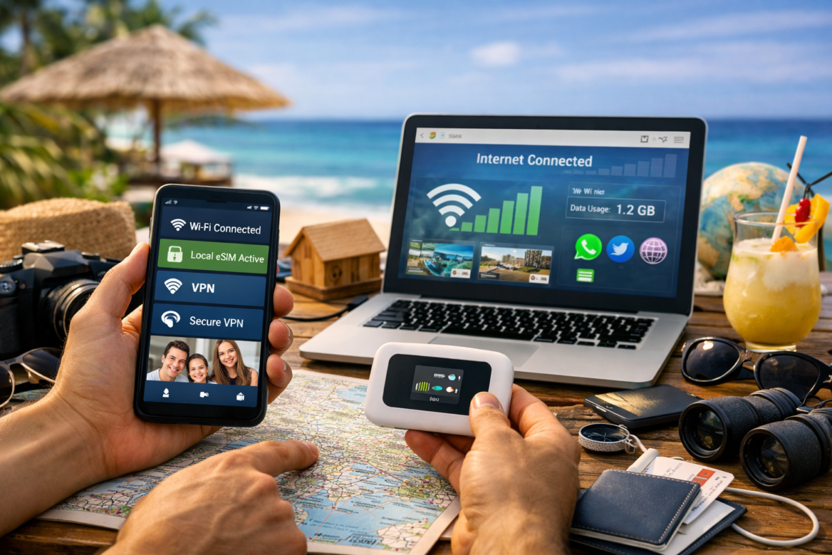 Traveler using phone and laptop to manage Wi‑Fi and VPN apps in a tropical setting. best apps for travelers