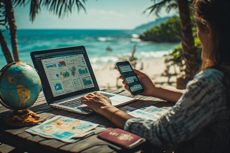 Traveler researching affordable destinations with maps and budget apps in a tropical setting. how to travel full time without being rich