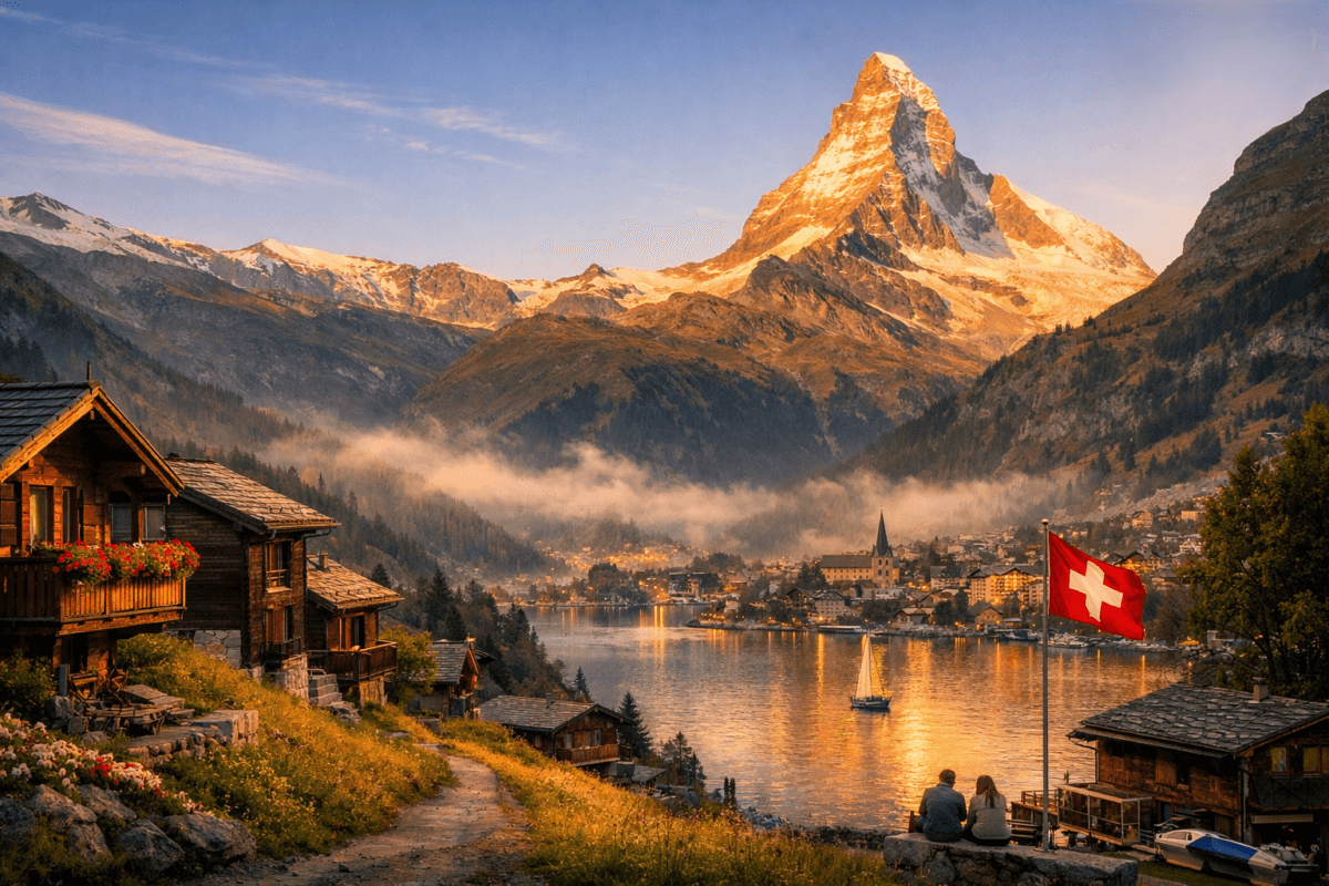 The Matterhorn glows in sunrise light above misty alpine chalets in Zermatt.