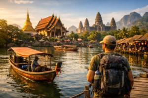Backpacker on a dock facing temple complex across a calm river with boats. Southeast Asia budget trip 3 weeks $800