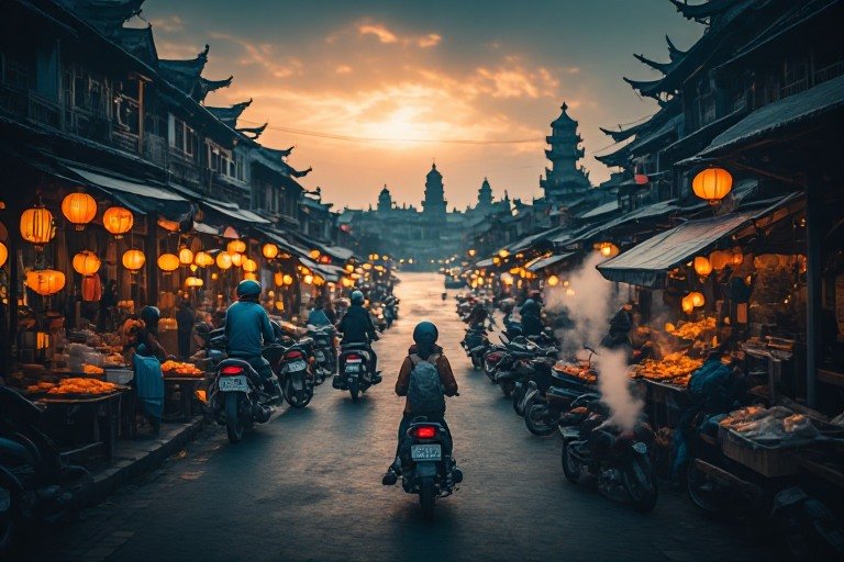 Traveler walking through Hanoi’s old quarter with lanterns and street food stalls at sunset