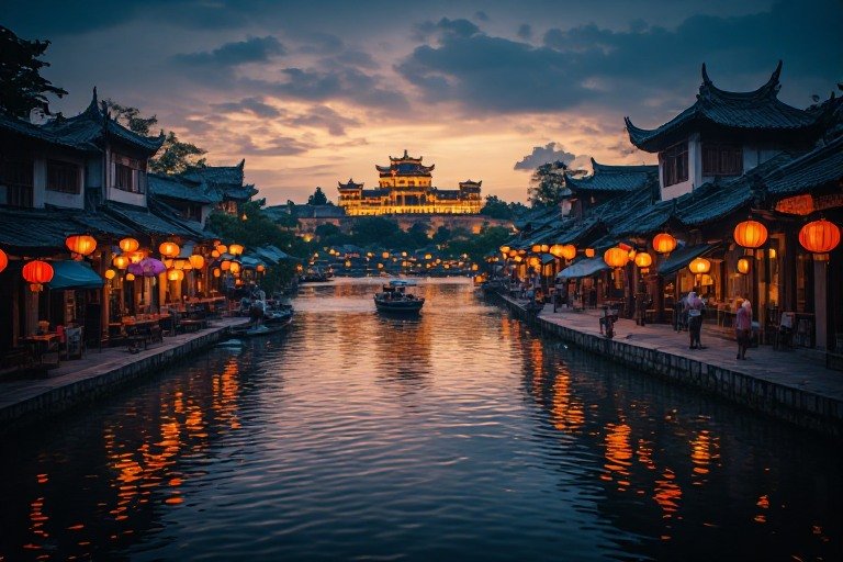 Traveler walking through lantern-lit streets of Hoi An and visiting Hue’s imperial citadel at sunset