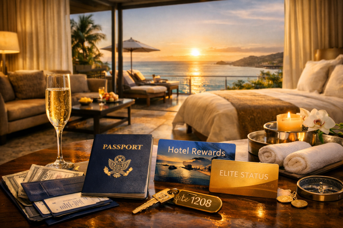 Luxurious hotel suite overlooking the ocean, with passport and hotel rewards cards on a table. how to earn points for free flights