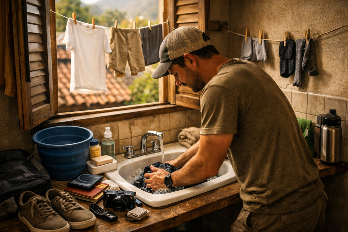 A traveler washing clothes by hand in a rustic guesthouse bathroom with sunlight streaming through an open window. how to pack light for travel