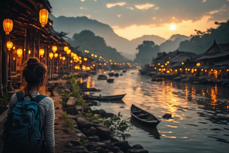 Traveler walking through Luang Prabang’s temples and riverside streets at sunset