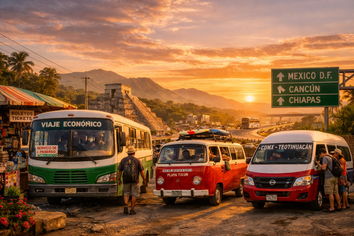 Mexican buses and colectivos at sunset with travelers boarding near palm-lined highways.