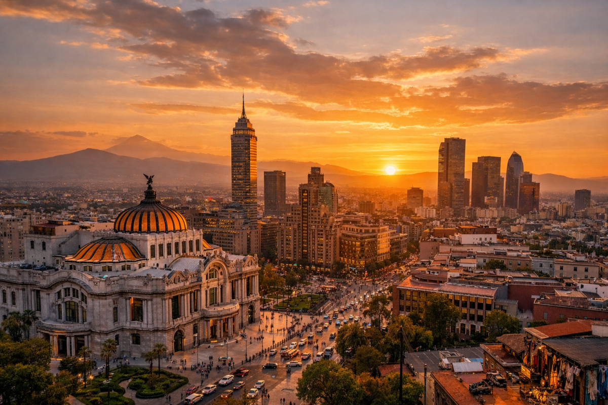 Sunset aerial view of Mexico City with Palacio de Bellas Artes and skyline framed by distant volcanoes. how to travel Mexico cheaply
