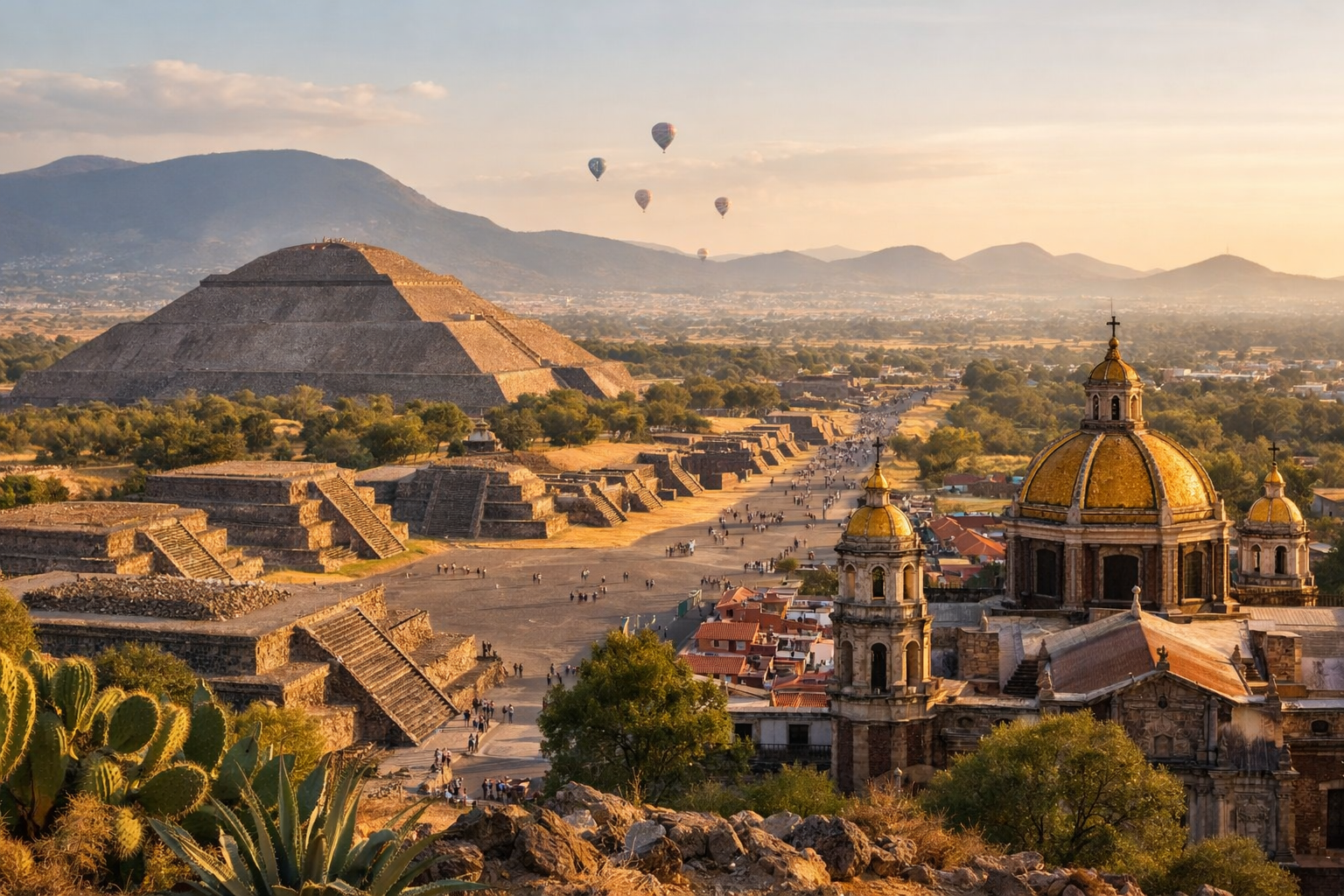 Mexico Travel, Panoramic view of Teotihuacan Pyramid of the Sun with golden sunset and hot air balloons.