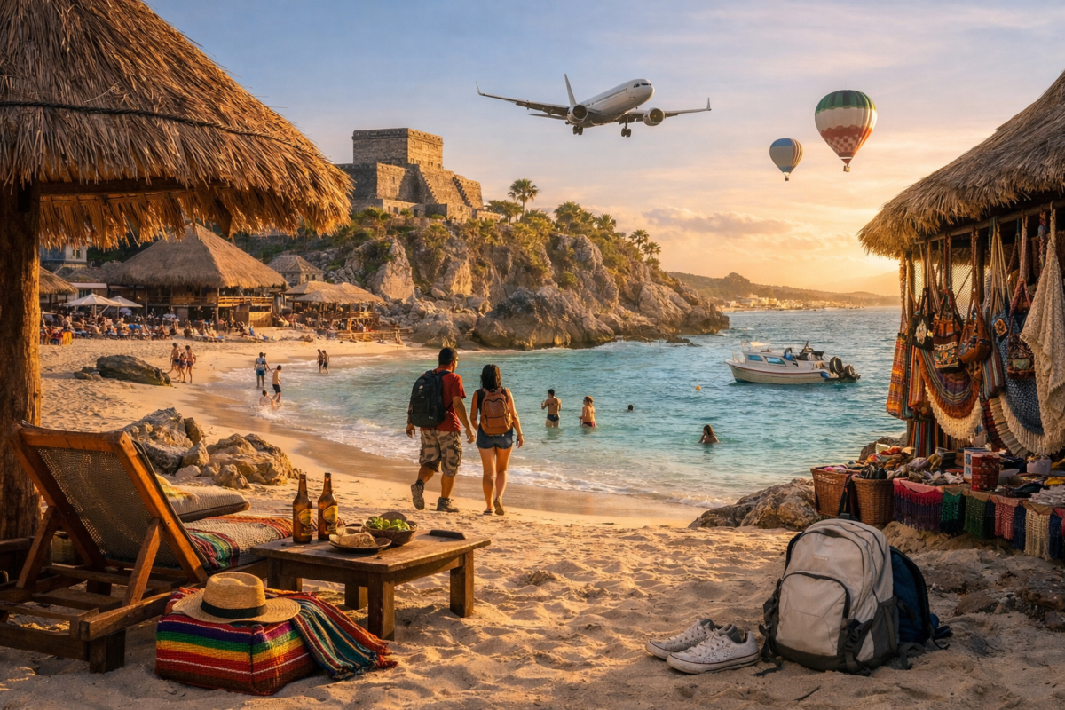 Scenic Mexican beach with backpackers, Mayan ruins, and sunset sky.