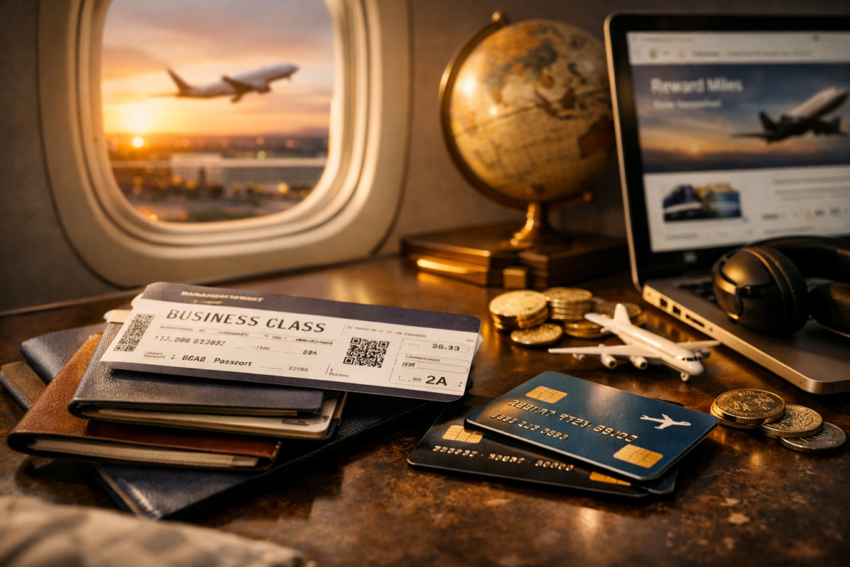 Passports, credit cards, and boarding passes arranged near airplane window. how to fly business class cheap