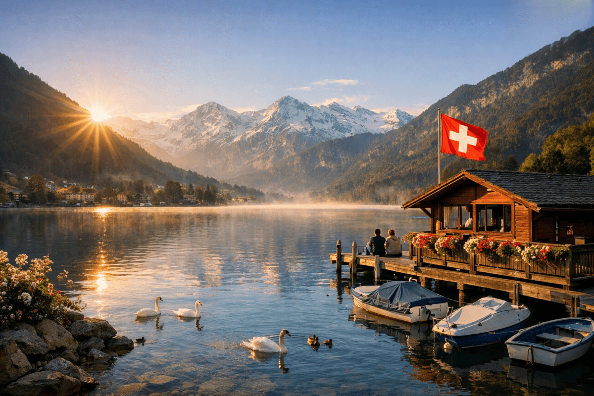 A serene sunrise over Lake Thun with a Swiss boathouse, swans, and misty mountains in the background.