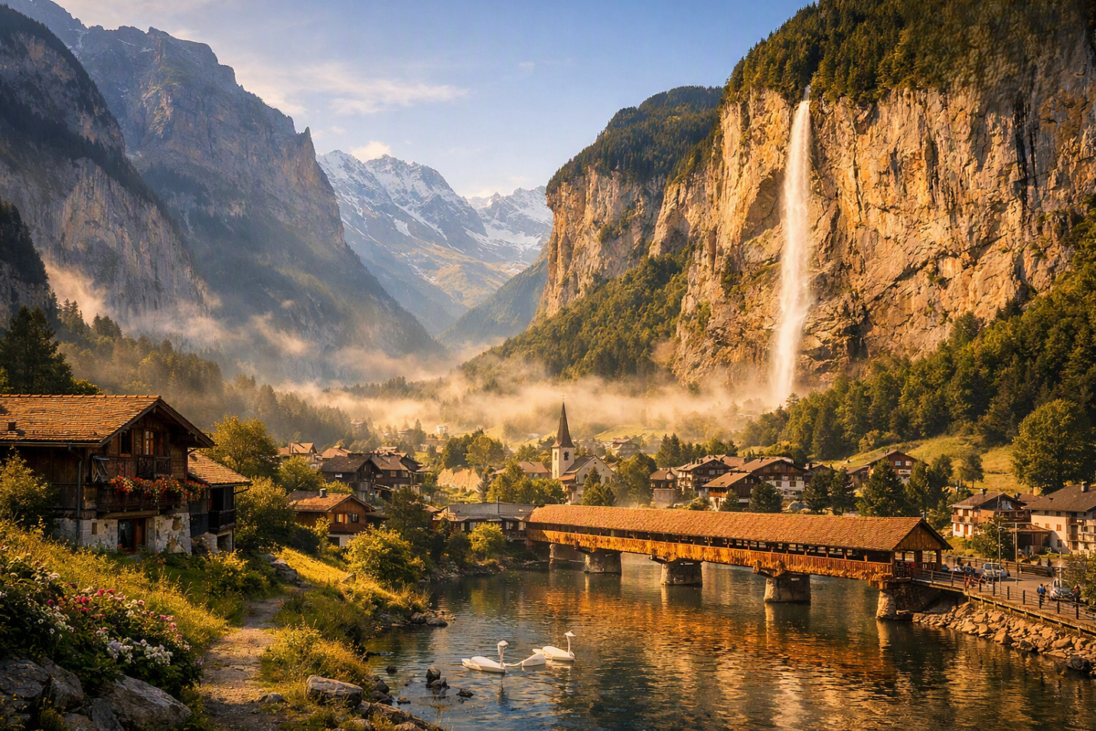 A misty morning view of Lauterbrunnen Valley with waterfalls cascading from cliffs and alpine chalets below.