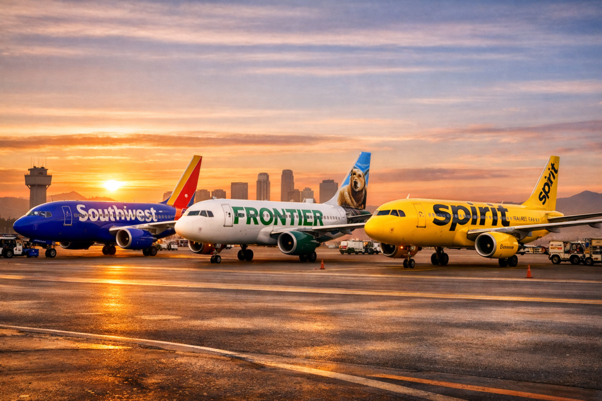 Southwest, Frontier, and Spirit Airlines planes parked at sunset on a North American runway. best low cost airlines Europe