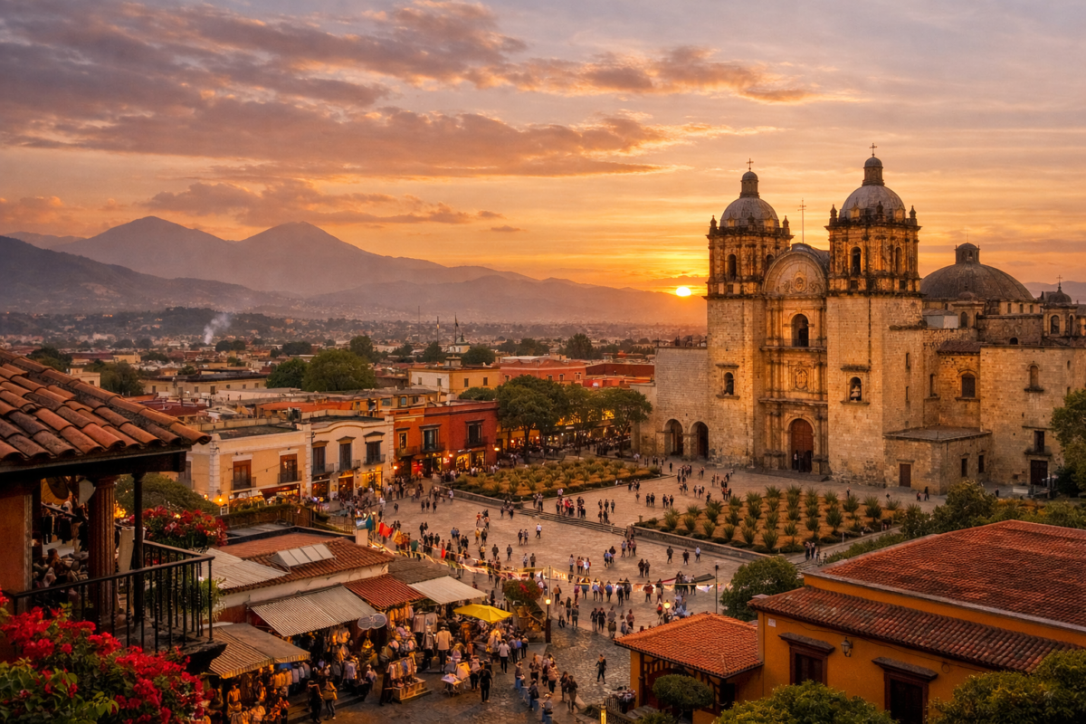 Elevated view of Oaxaca City with Santo Domingo de Guzmán Church glowing at sunset amid colorful colonial rooftops. cheap travel Mexico