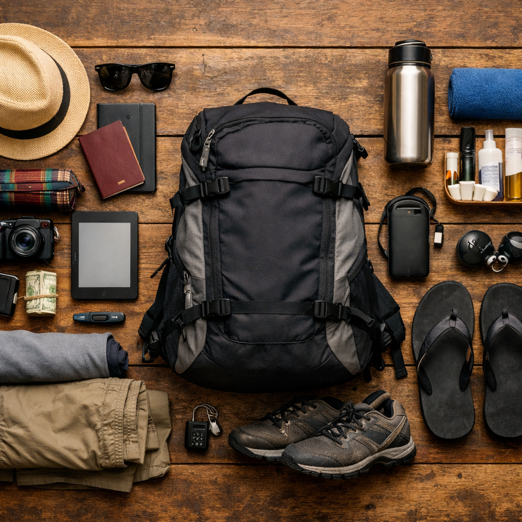 A single backpack surrounded by carefully chosen essentials on a rustic wooden floor. Packing List.