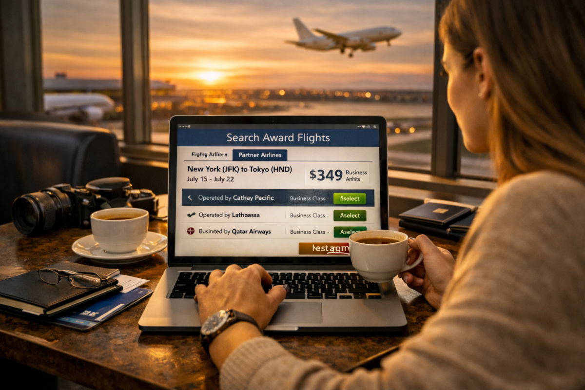 Traveler researching partner airline award flights on laptop in lounge.